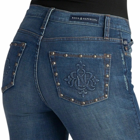Rock & Republic Jeans Women’s Size 12 US Blue Denim Studded Kasandra Bootcut - Picture 13 of 14